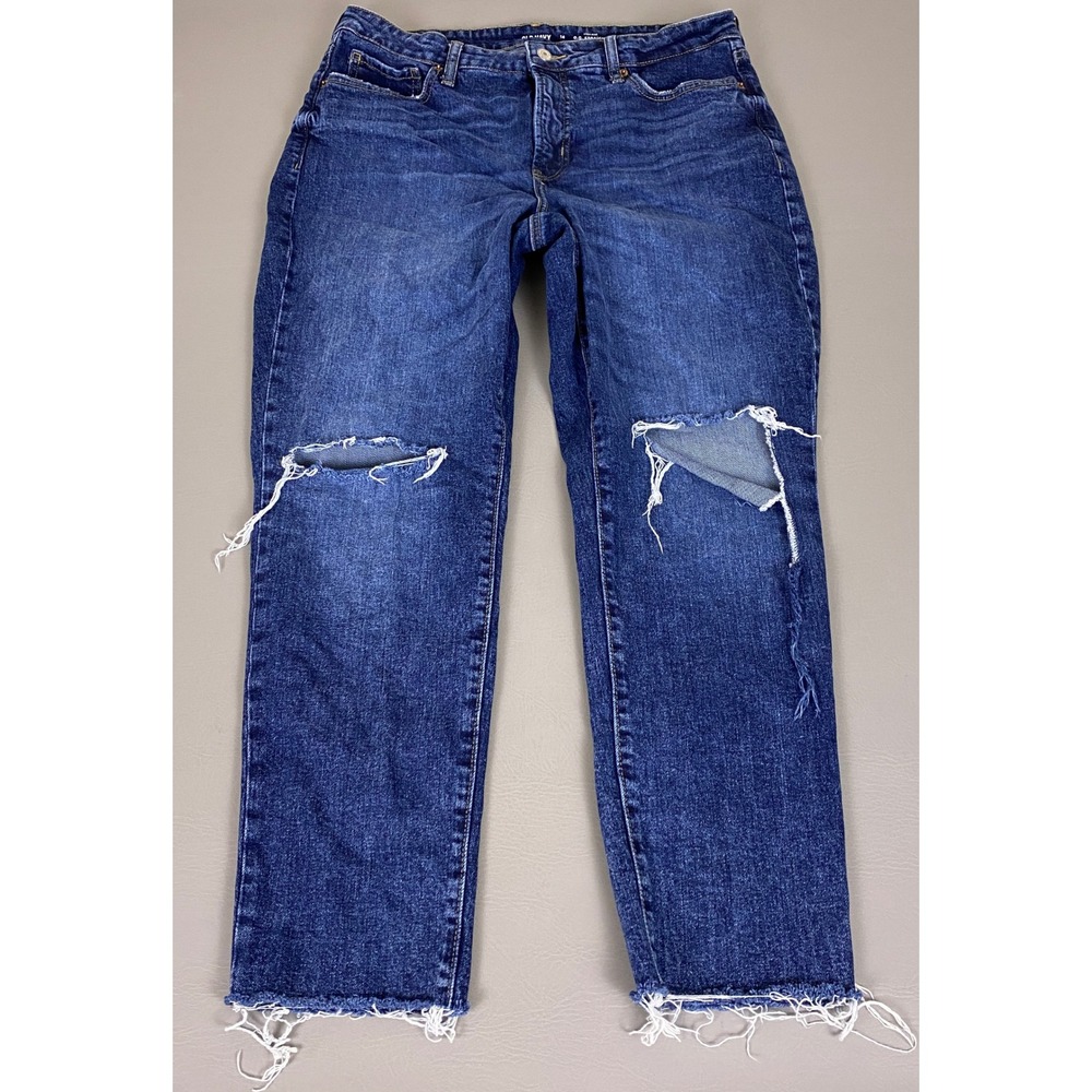 Old Navy OG Straight Jeans Women's Size 14 Blue High Rise‎ Distressed Raw Hem